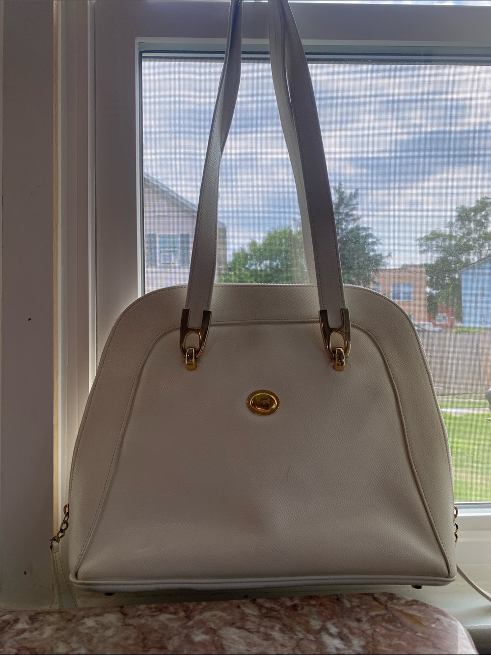 Focus Paris White Leather Shoulder Satchel Bag Made in France Gold Toned Hardwar